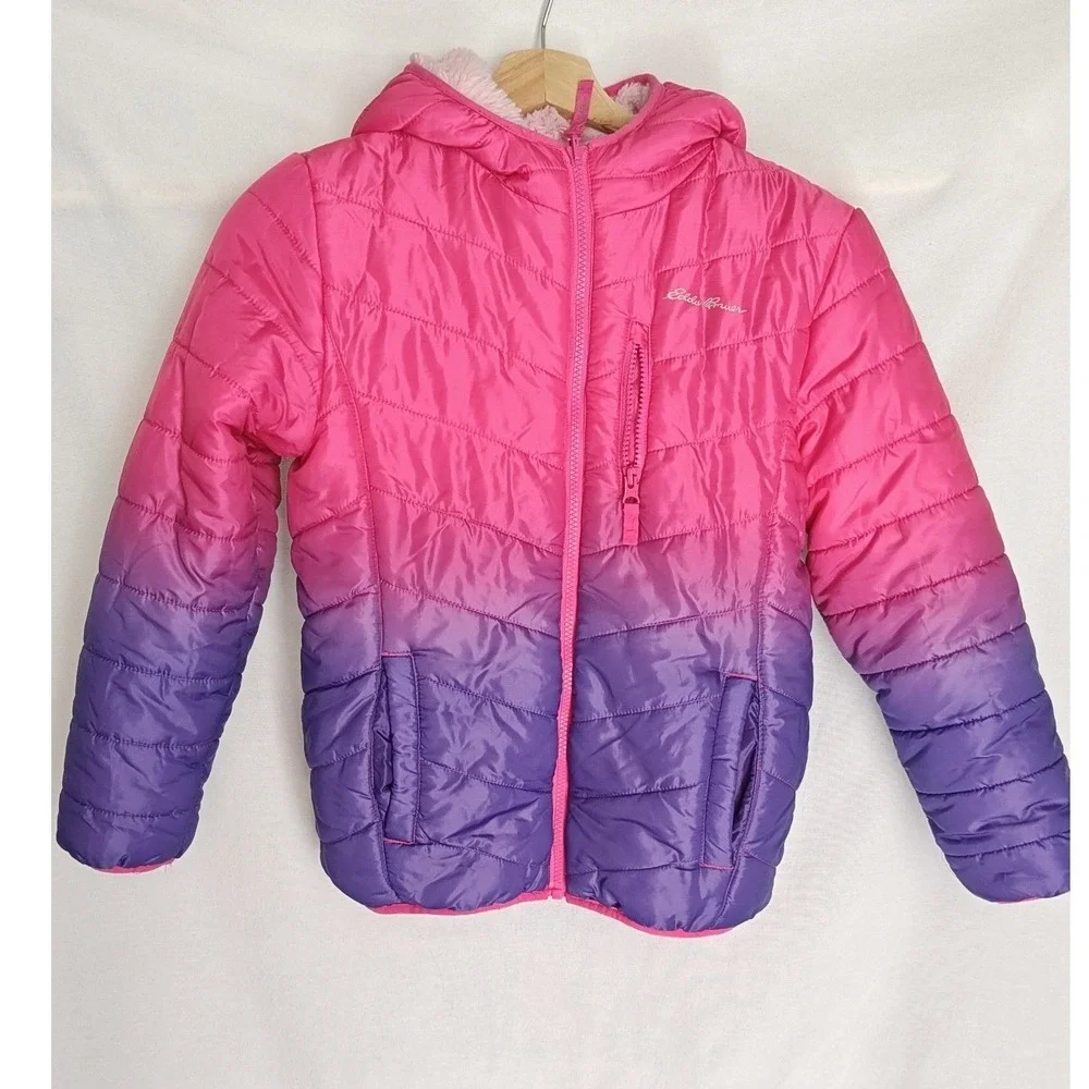 Eddie Bauer Youth Reversible Puffer Jacket  Pink Purple Ombre Fleece L 14 15